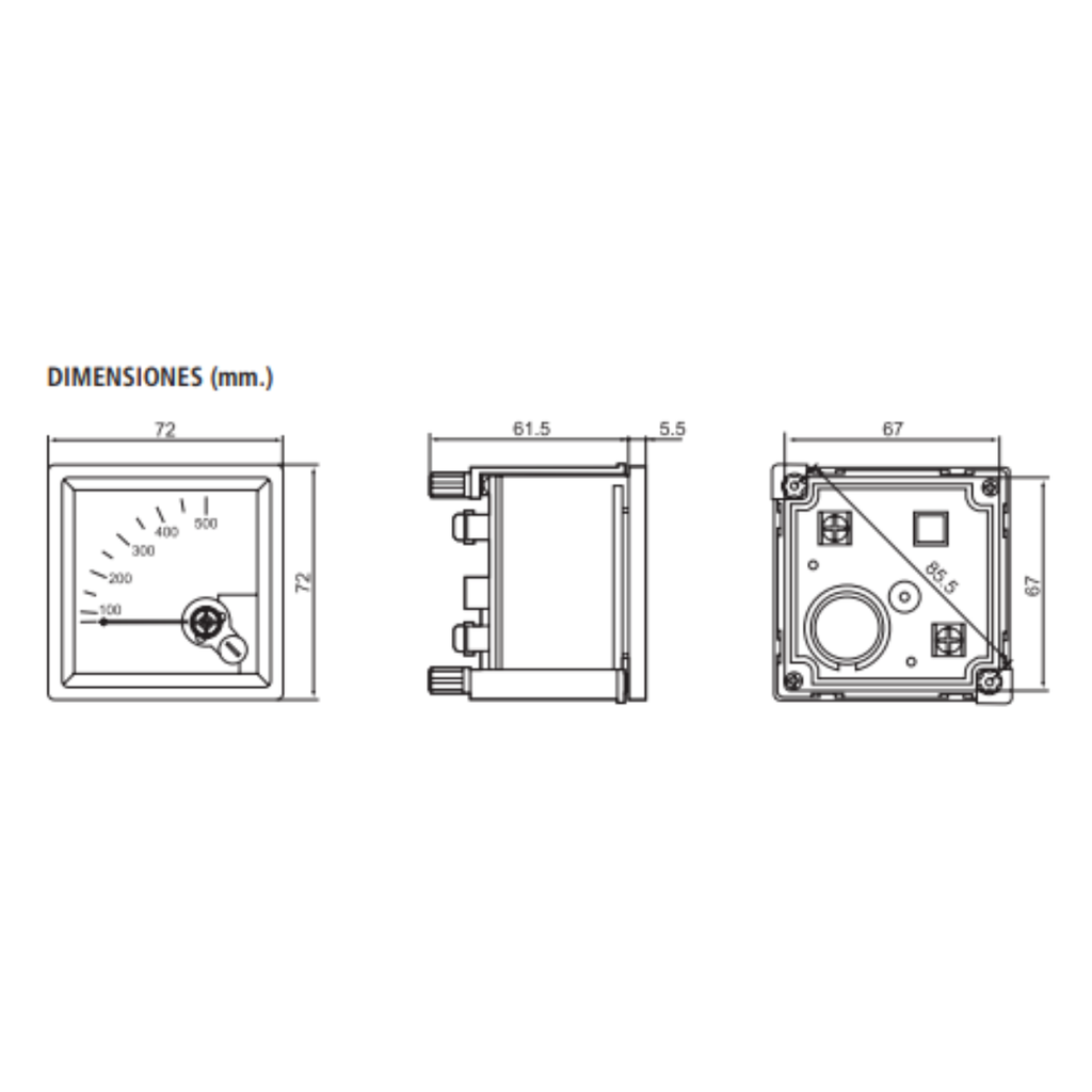INST. ANALOG. DE PANEL 72X72MM AMPERIMETRO DIR. 60A